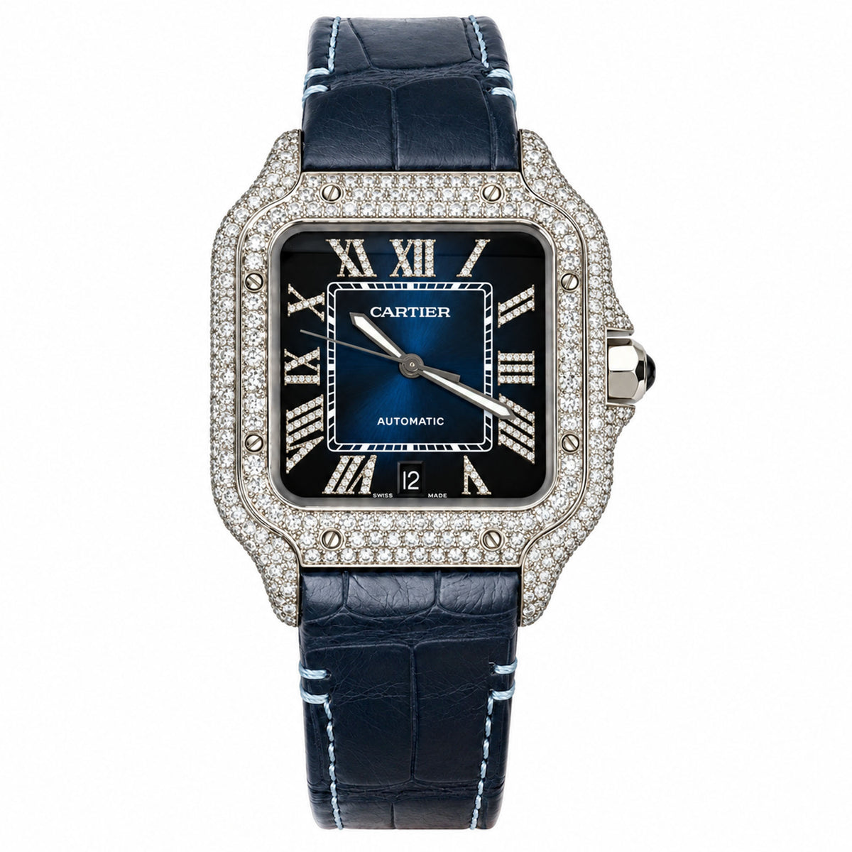 5TCW Diamond Cartier Santos WSSA0062 Large 40mm Pave Roman Blue Dial Watch