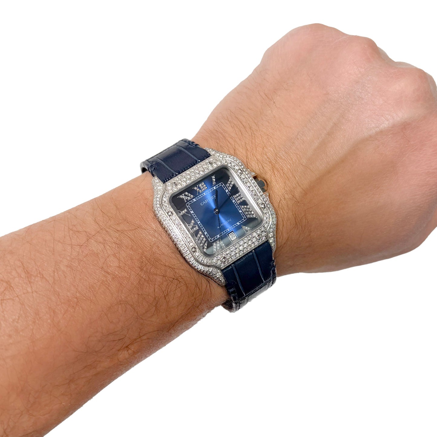 NEW 5TCW Natural Diamond Cartier Santos Large 40mm Pave Roman Blue Dial Men's Watch