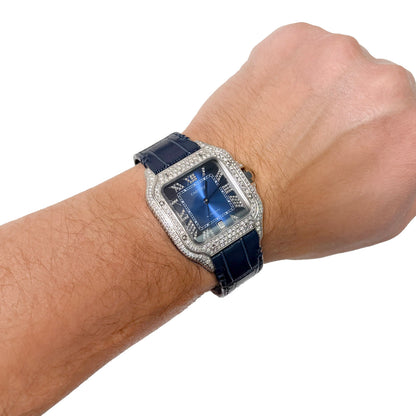 NEW 5TCW Natural Diamond Cartier Santos Large 40mm Pave Roman Blue Dial Men's Watch