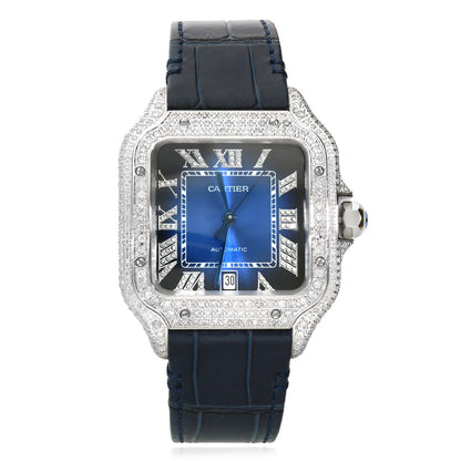 NEW 5TCW Natural Diamond Cartier Santos Large 40mm Pave Roman Blue Dial Men's Watch