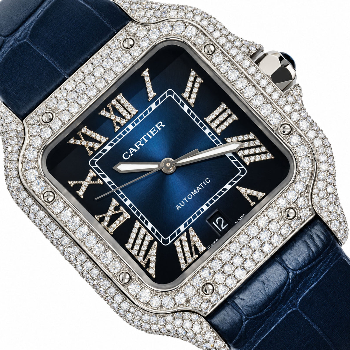 5TCW Diamond Cartier Santos WSSA0062 Large 40mm Pave Roman Blue Dial Watch