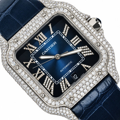 5TCW Diamond Cartier Santos WSSA0062 Large 40mm Pave Roman Blue Dial Watch