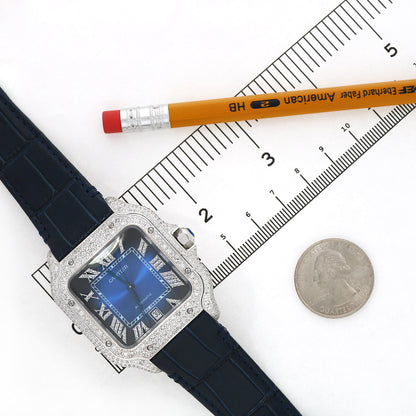 NEW 5TCW Natural Diamond Cartier Santos Large 40mm Pave Roman Blue Dial Men's Watch
