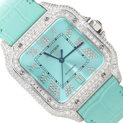 NEW 5TCW Natural Diamond Cartier Santos Large 40mm Pave Roman Turquoise Dial Watch