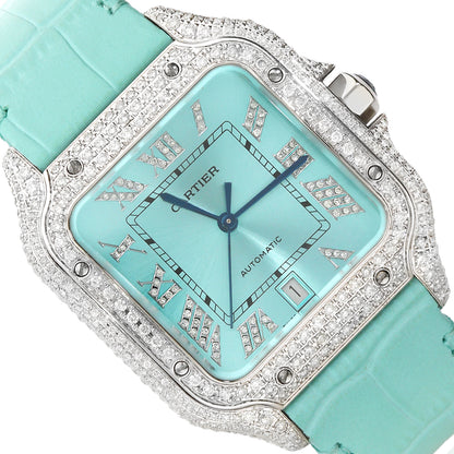 NEW 5TCW Natural Diamond Cartier Santos Large 40mm Pave Roman Turquoise Dial Watch