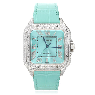 NEW 5TCW Natural Diamond Cartier Santos Large 40mm Pave Roman Turquoise Dial Watch