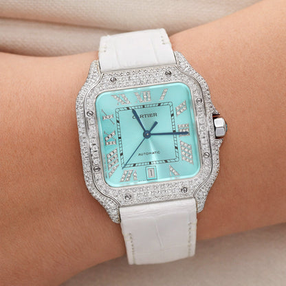 NEW 5TCW Natural Diamond Cartier Santos Large 40mm Pave Roman Turquoise Dial Watch