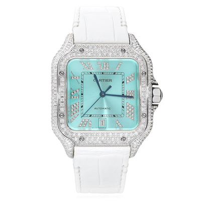 NEW 5TCW Natural Diamond Cartier Santos Large 40mm Pave Roman Turquoise Dial Watch