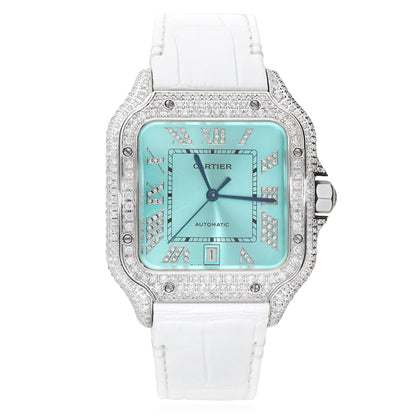 NEW 5TCW Natural Diamond Cartier Santos Large 40mm Pave Roman Turquoise Dial Watch
