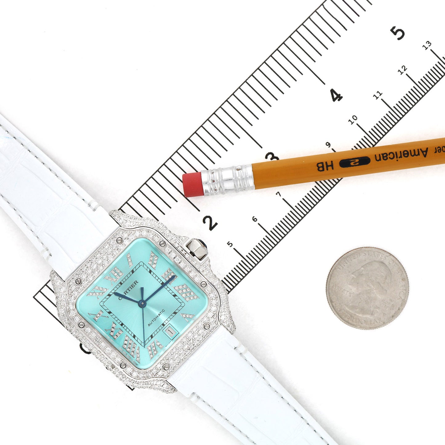 NEW 5TCW Natural Diamond Cartier Santos Large 40mm Pave Roman Turquoise Dial Watch