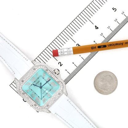 NEW 5TCW Natural Diamond Cartier Santos Large 40mm Pave Roman Turquoise Dial Watch
