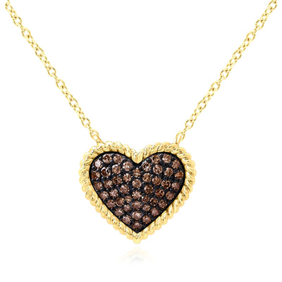 0.25CTW Natural Diamond 10K Yellow Gold 1mm Cable Link Black Heart Necklace 18"