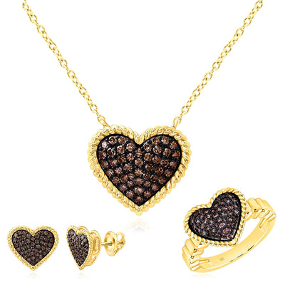 0.88CTW Natural Black Diamonds 10K Yellow Gold Heart Necklace, Earrings and Ring Set