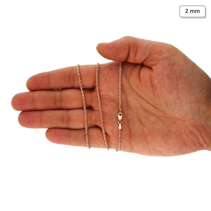 14K Rose Gold 2mm Diamond-Cut Rope Chain (Solid Links) 16"-30"