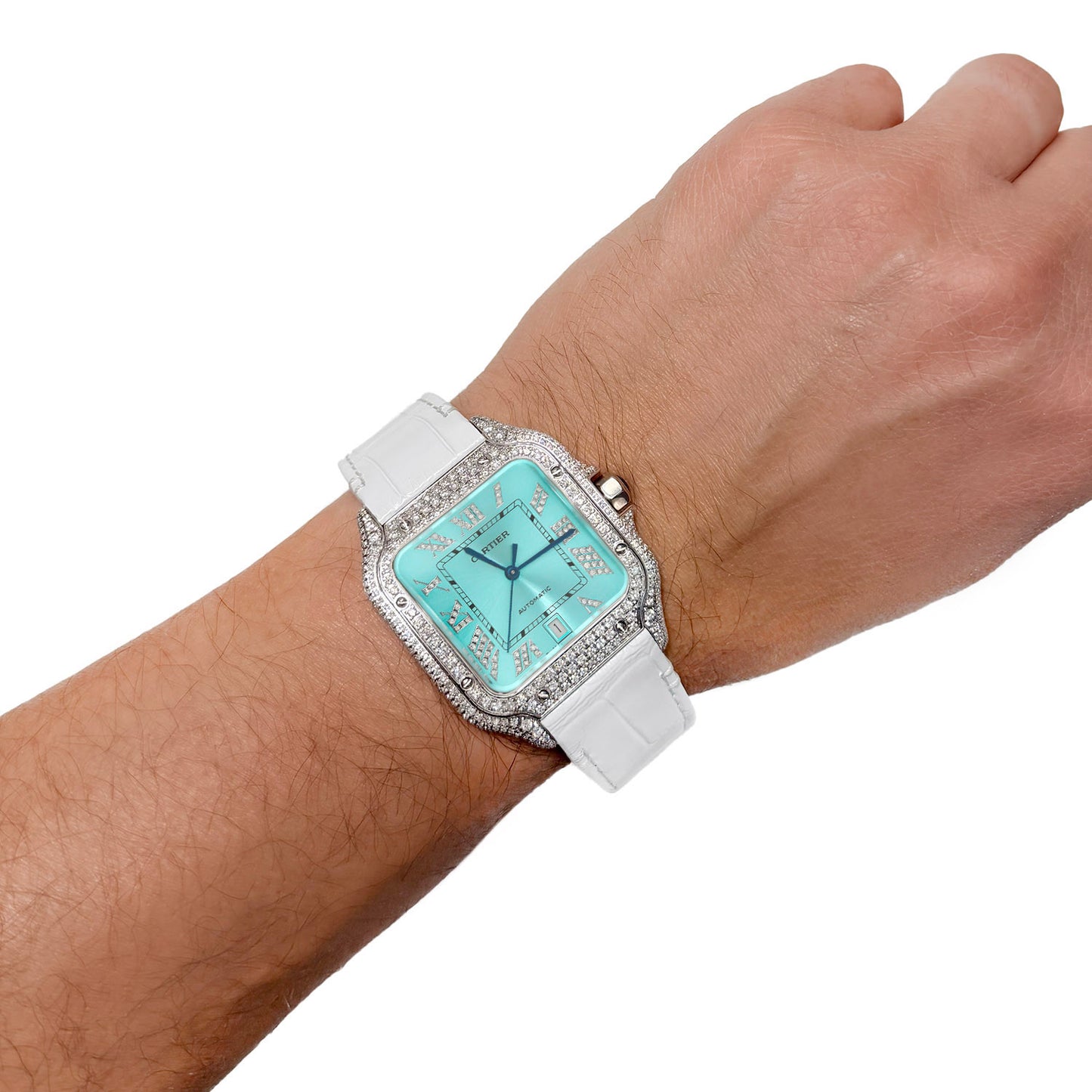 NEW 5TCW Natural Diamond Cartier Santos Large 40mm Pave Roman Turquoise Dial Watch
