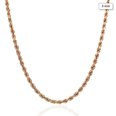 14K Rose Gold 3mm Diamond-Cut Rope Chain (Solid Links) 18"-30"