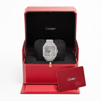 NEW 19.50TCW Natural Diamond 40mm Large Santos de Cartier Skeleton Full Pave Watch