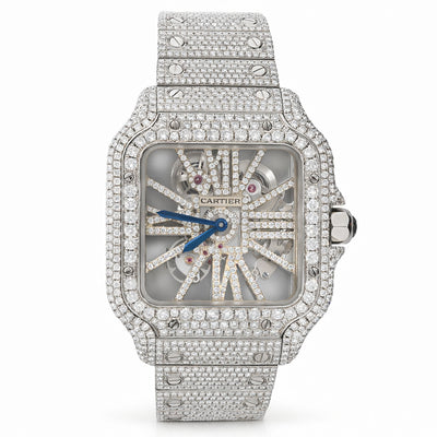 NEW 19.50TCW Natural Diamond Large Santos de Cartier Skeleton Full Pave Watch