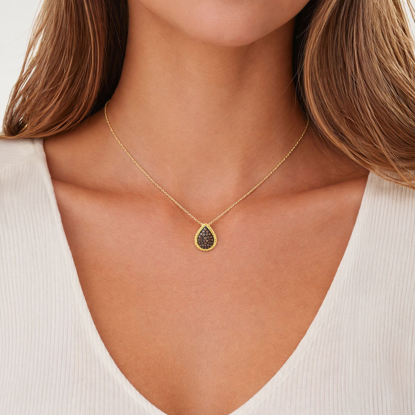 0.20 CTW Natural Black Diamond 10k Yellow Gold Pave Pear Necklace 18"