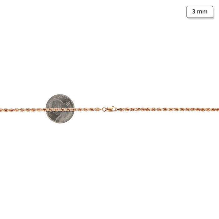 14K Rose Gold 3mm Diamond-Cut Rope Chain (Solid Links) 18"-30"