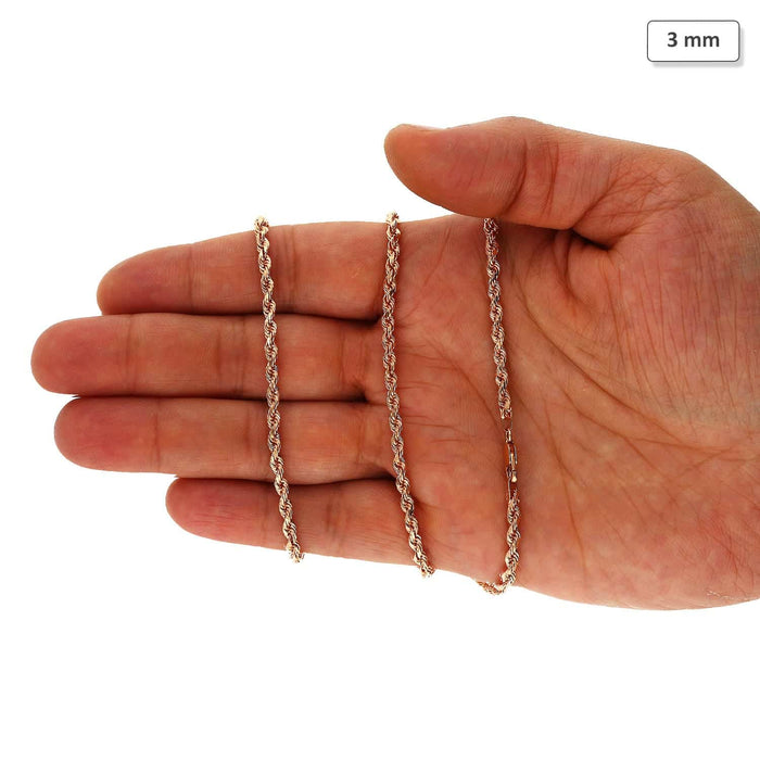 14K Rose Gold 3mm Diamond-Cut Rope Chain (Solid Links) 18"-30"