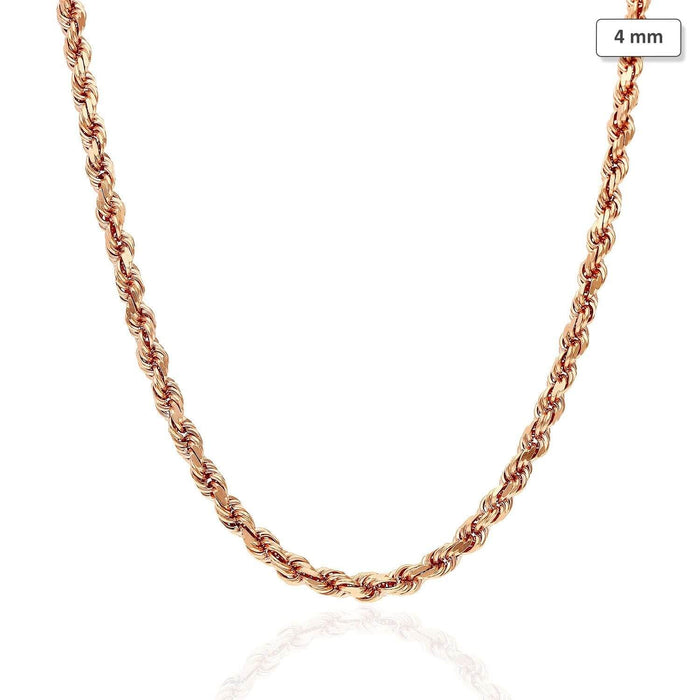 14K Rose Gold 4mm Diamond-Cut Rope Chain (Solid Links) 18"-30"