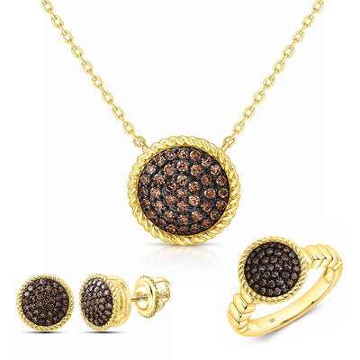 0.88CTW Natural Black Diamonds 10K Yellow Gold Round Necklace, Earrings and Ring Set