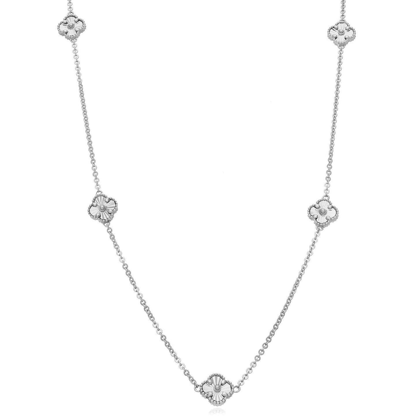 14K Yellow White Rose Gold Diamond-Cut Clover Station Necklace 17"–18" Adjustable