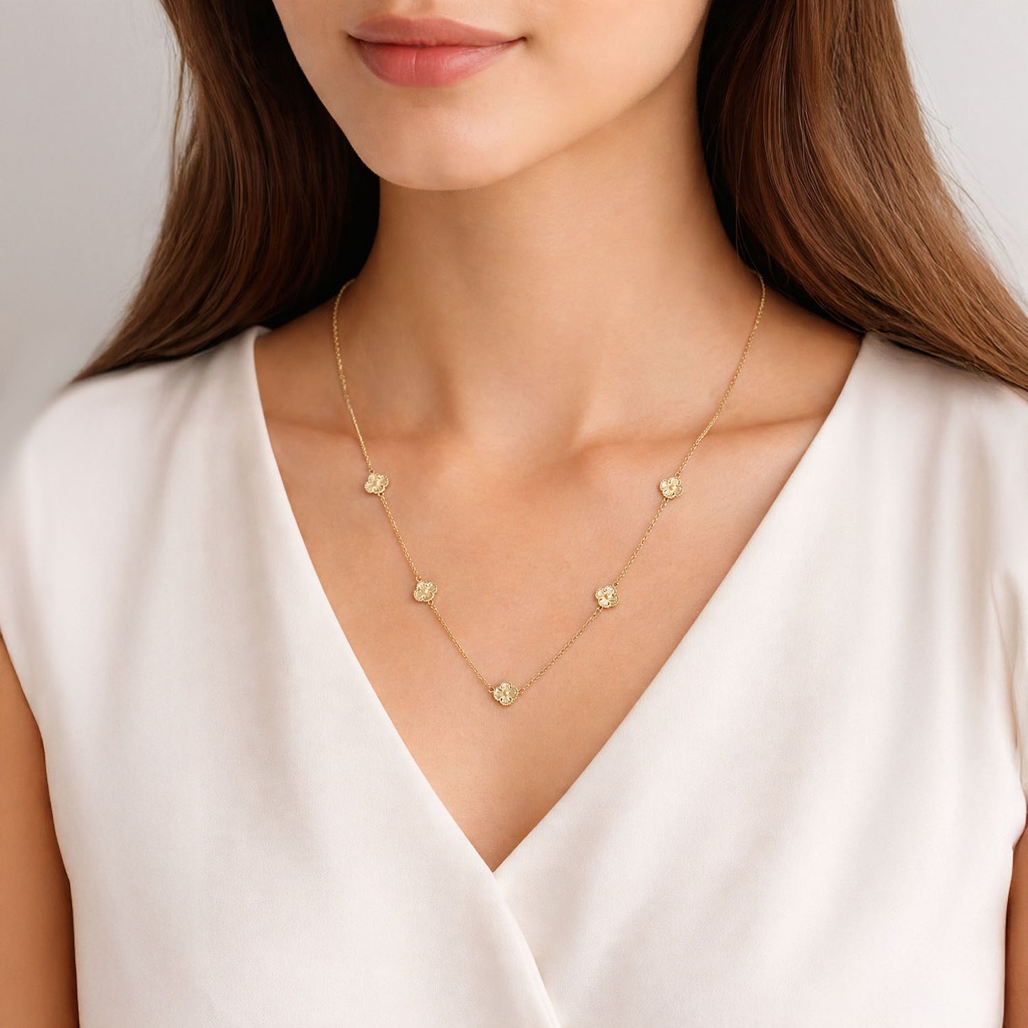 14K Yellow White Rose Gold Diamond-Cut Clover Station Necklace 17"–18" Adjustable