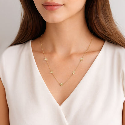 14K Yellow White Rose Gold Diamond-Cut Clover Station Necklace 17"–18" Adjustable