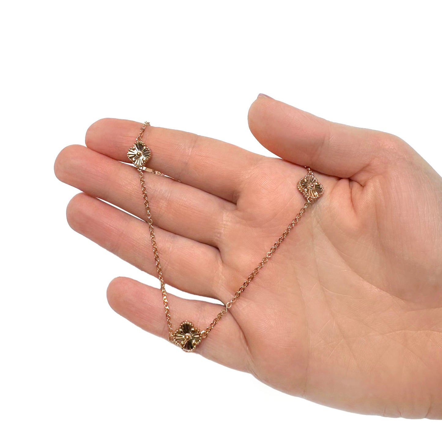 14K Yellow White Rose Gold Diamond-Cut Clover Station Necklace 17"–18" Adjustable