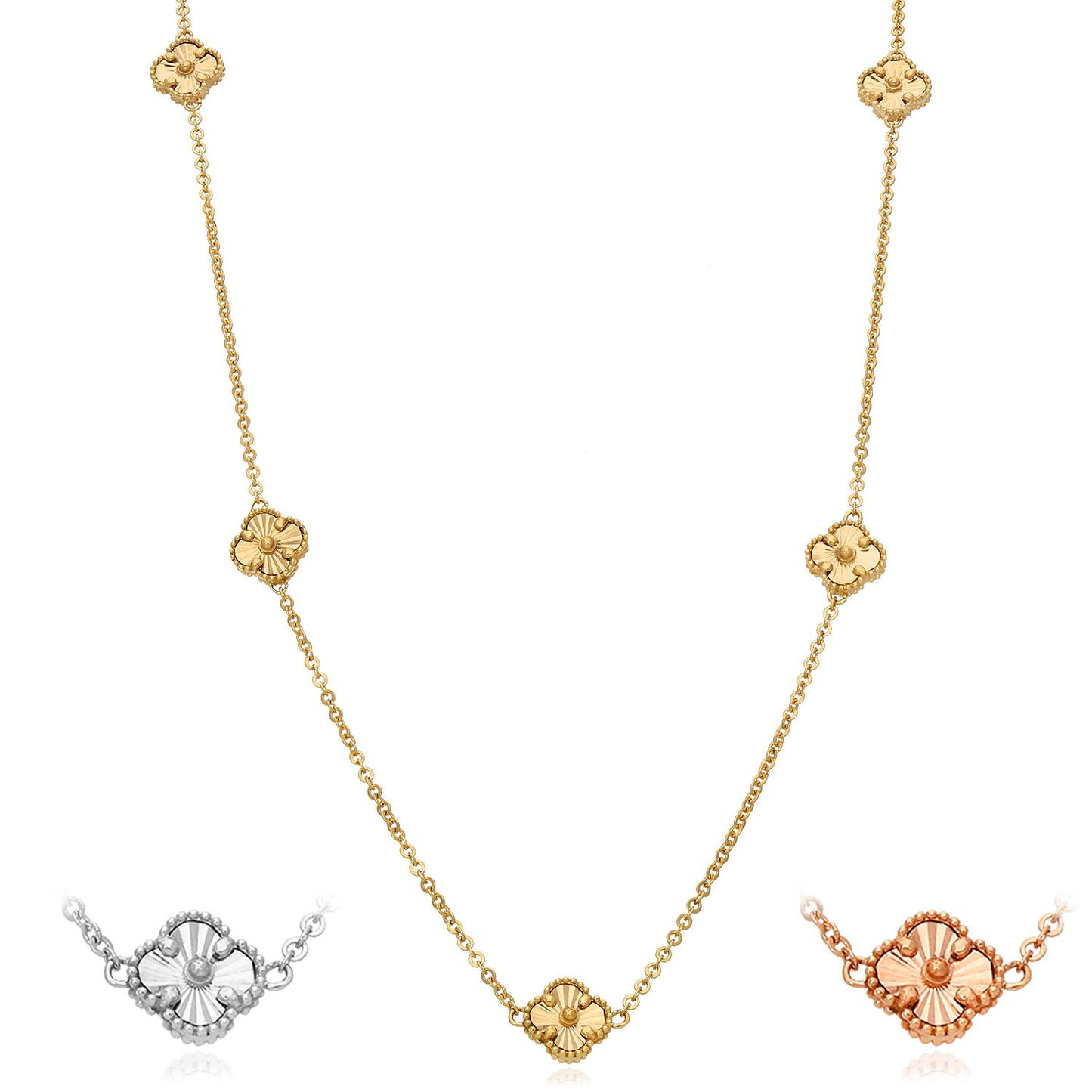 14K Yellow White Rose Gold Diamond-Cut Clover Station Necklace 17"–18" Adjustable