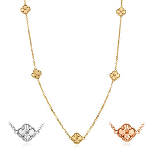 14K Yellow White Rose Gold Diamond-Cut Clover Station Necklace 17"–18" Adjustable