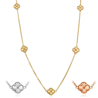 14K Yellow White Rose Gold Diamond-Cut Clover Station Necklace 17"–18" Adjustable