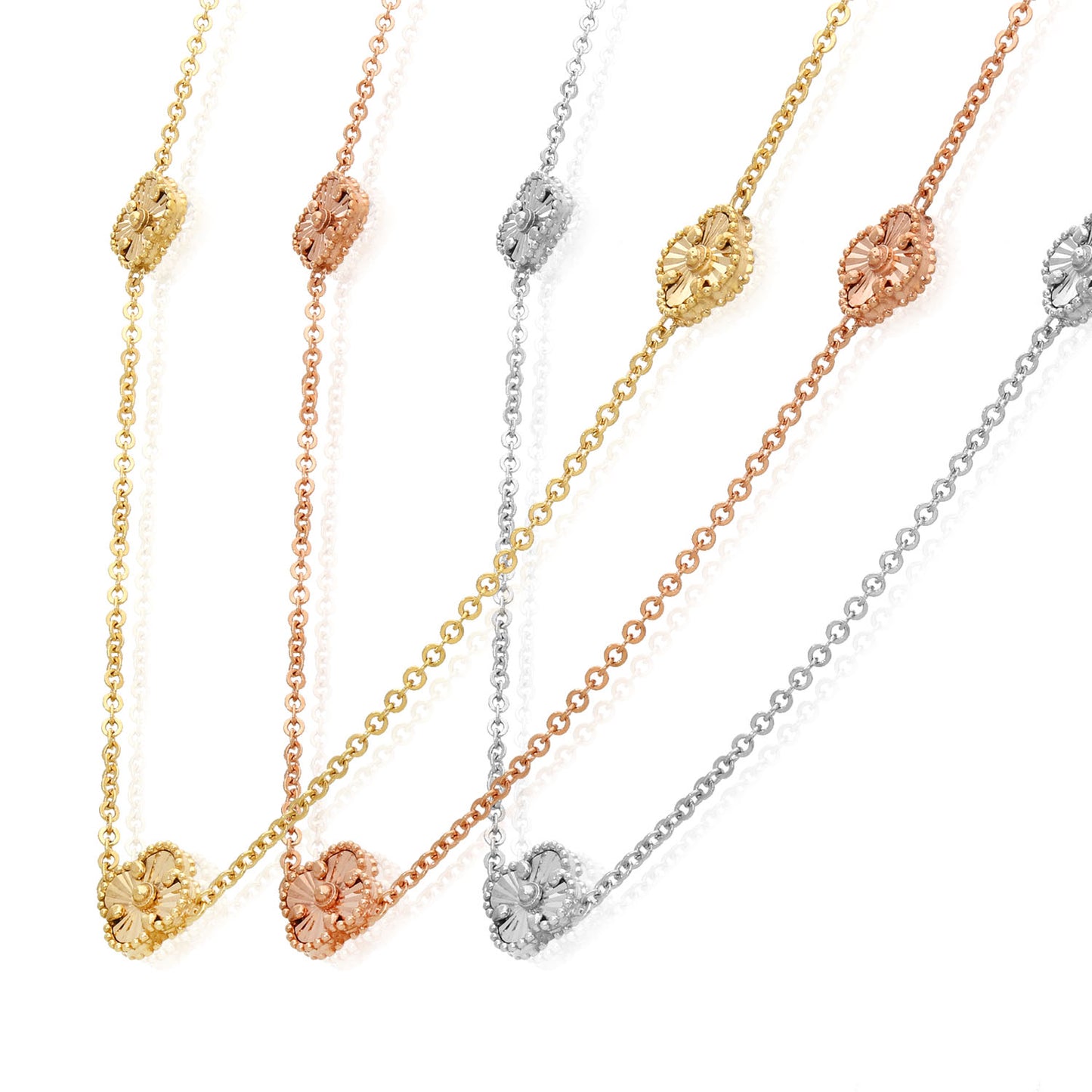 14K Yellow White Rose Gold Diamond-Cut Clover Station Necklace 17"–18" Adjustable