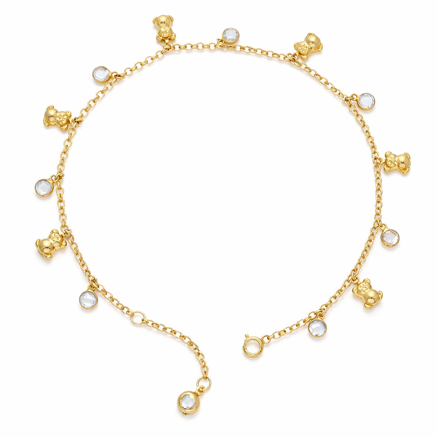 14K Yellow Gold CZ Dangle Bear Charm Cable Link Adjustable Anklet 9"–10"