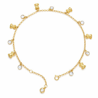 14K Yellow Gold CZ Dangle Bear Charm Cable Link Adjustable Anklet 9"–10"