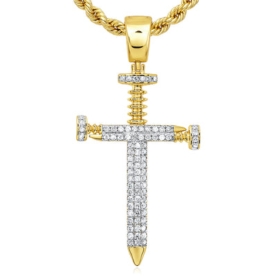 0.38CTW Natural Diamond 10K Yellow Gold Nail Cross Pendant 1.7"