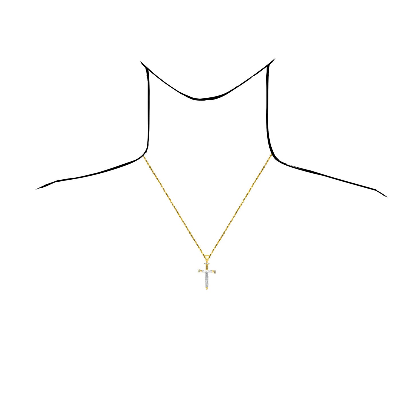 0.38CTW Natural Diamond 10K Yellow Gold Nail Cross Pendant 1.7"