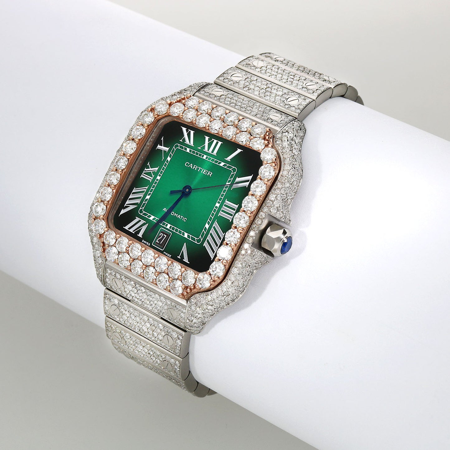 NEW 13TCW Natural Diamond Cartier Santos Large 40mm Pave Roman Green Dial Men's Watch