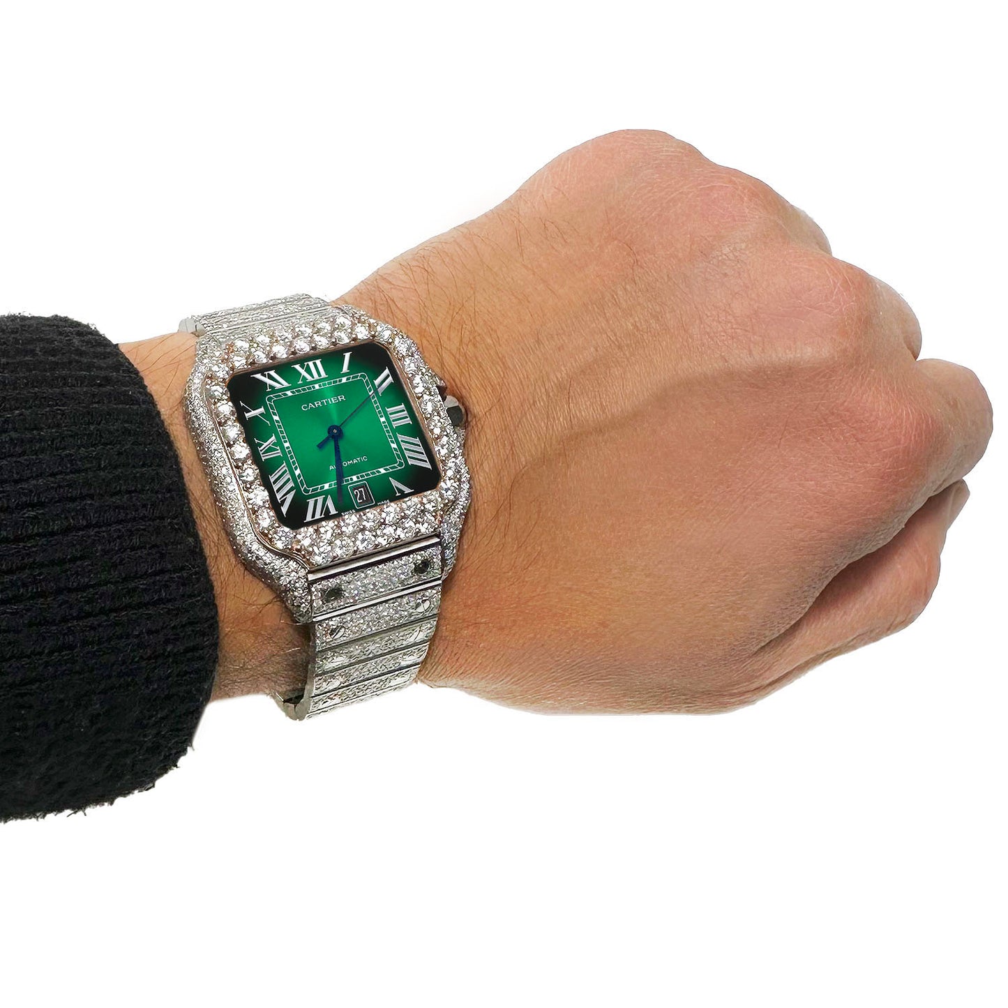 NEW 13TCW Natural Diamond Cartier Santos Large 40mm Pave Roman Green Dial Men's Watch