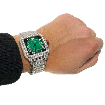 NEW 13TCW Natural Diamond Cartier Santos Large 40mm Pave Roman Green Dial Men's Watch