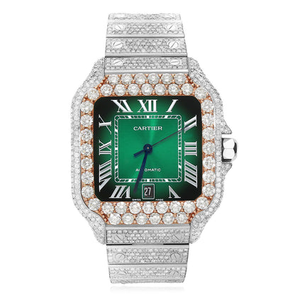 NEW 13TCW Natural Diamond Cartier Santos Large 40mm Pave Roman Green Dial Men's Watch