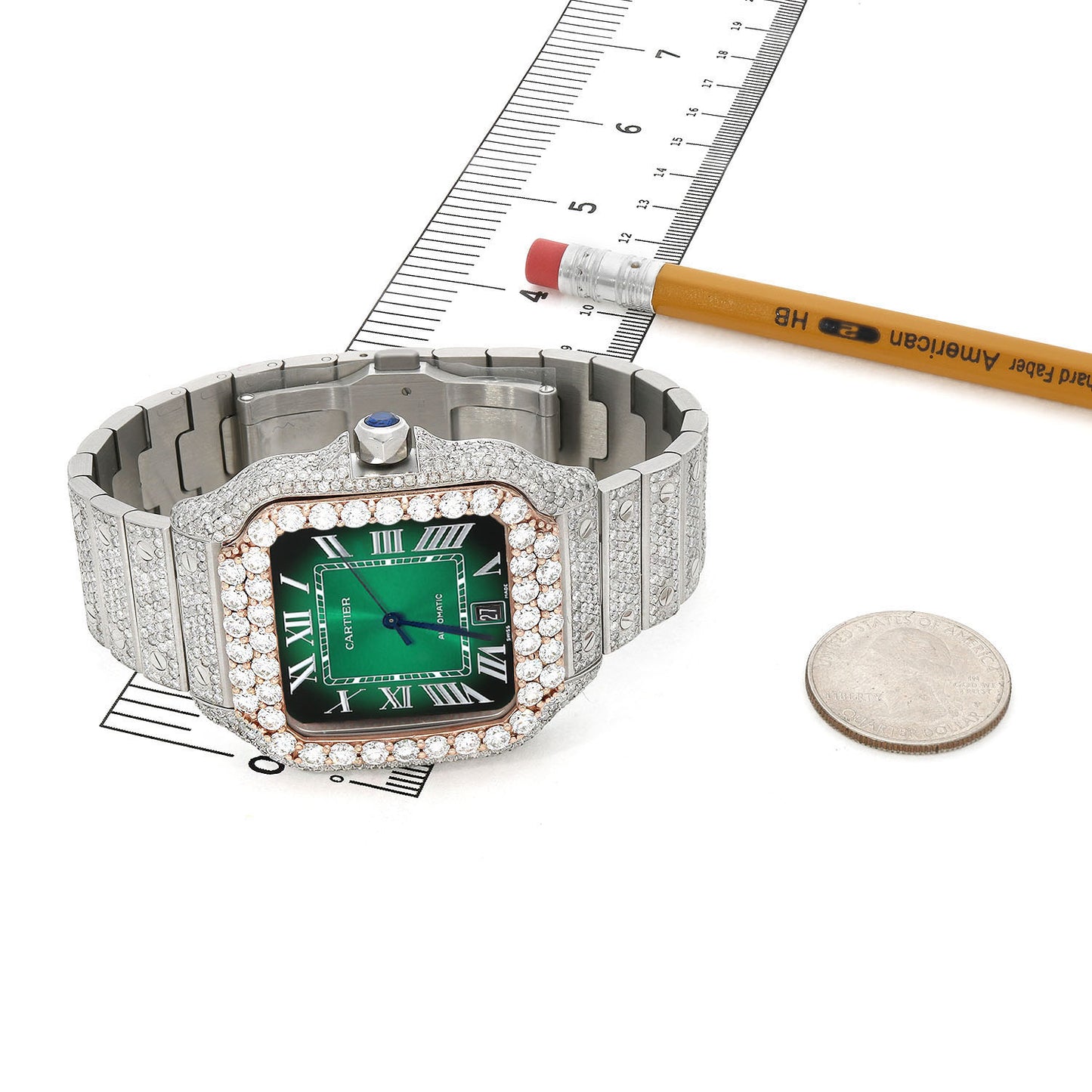 NEW 13TCW Natural Diamond Cartier Santos Large 40mm Pave Roman Green Dial Men's Watch