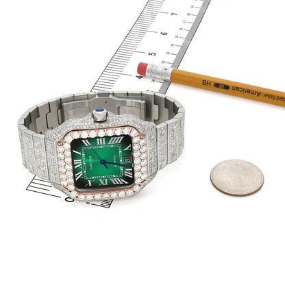 NEW 13TCW Natural Diamond Cartier Santos Large 40mm Pave Roman Green Dial Men's Watch