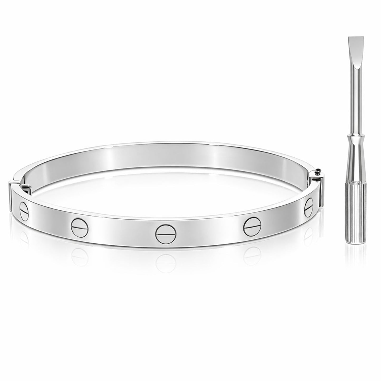 14K White Gold 6mm Screw Pattern Bangle Bracelet w/ Screwdriver (Hollow) 6.25"-7"