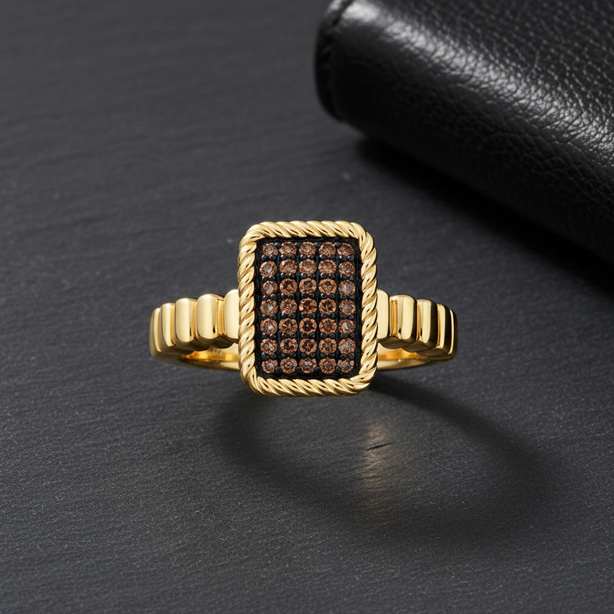 0.25CTW Natural Black Diamonds 10K Yellow Gold Rectangular Signet Ring