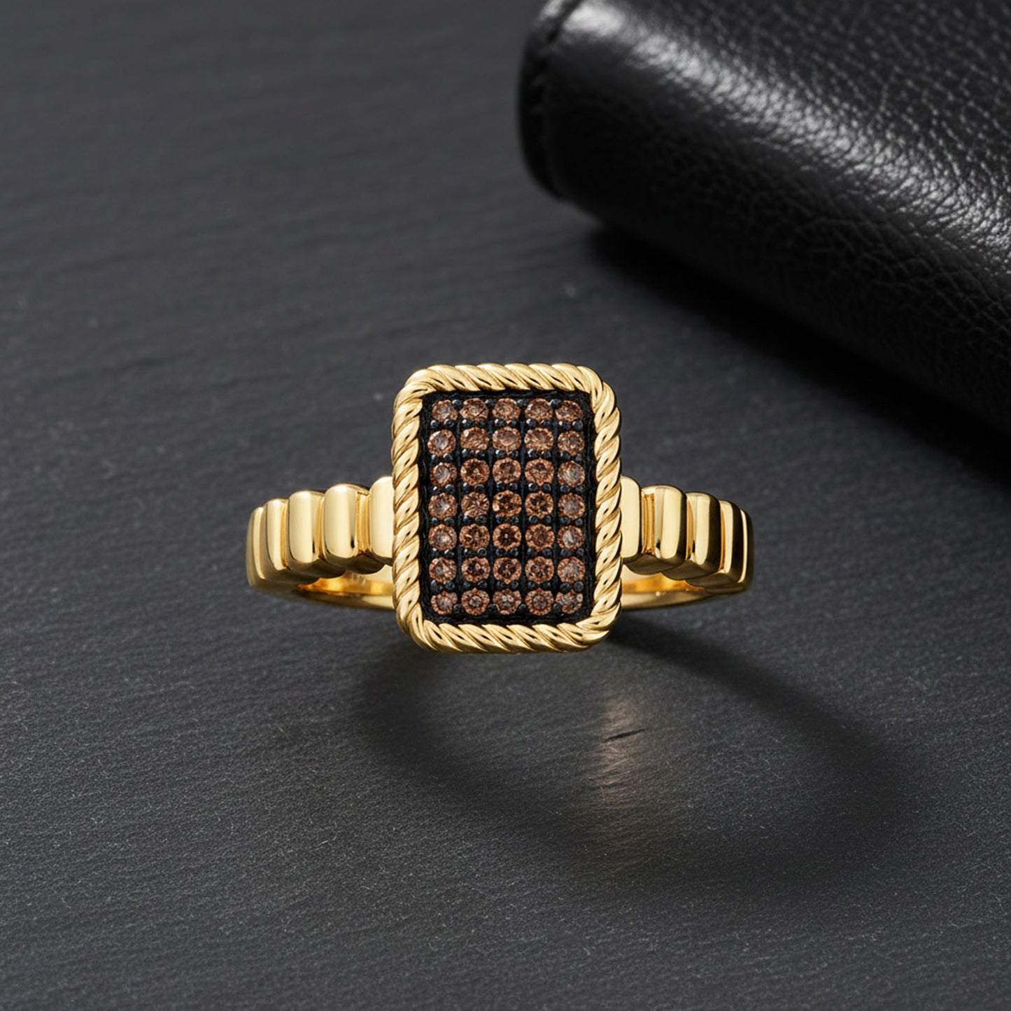 0.25CTW Natural Black Diamonds 10K Yellow Gold Rectangular Signet Ring
