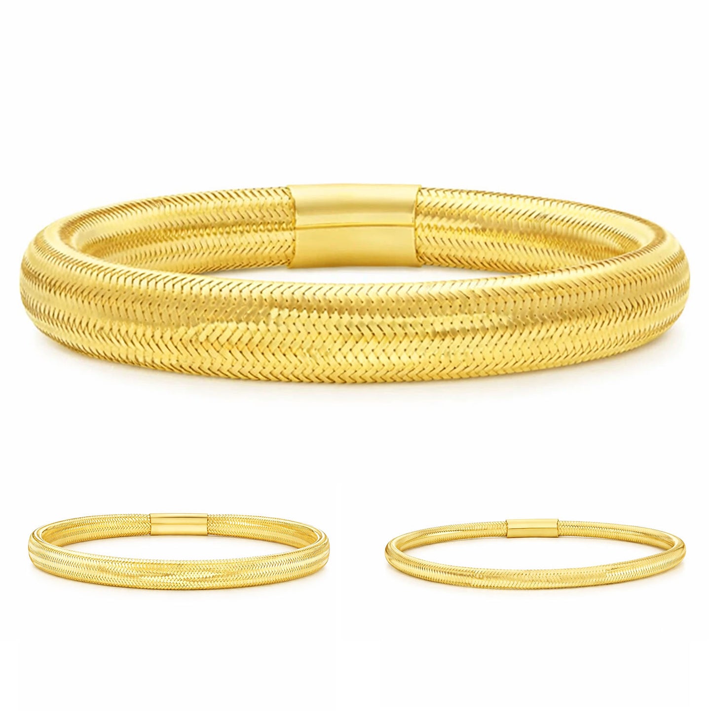 14K Yellow Gold Diamond-Cut Stretch 3mm, 5mm, 9mm Weaved Mesh Bracelet