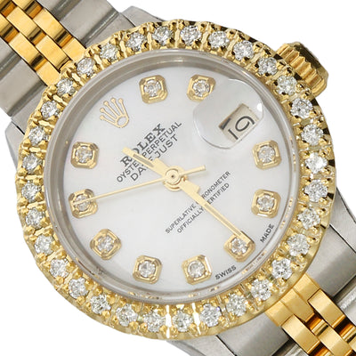 Rolex Datejust 69173 1.10TCW Diamond Bezel Jubilee Band White Pearl Dial 26mm Woman's Watch
